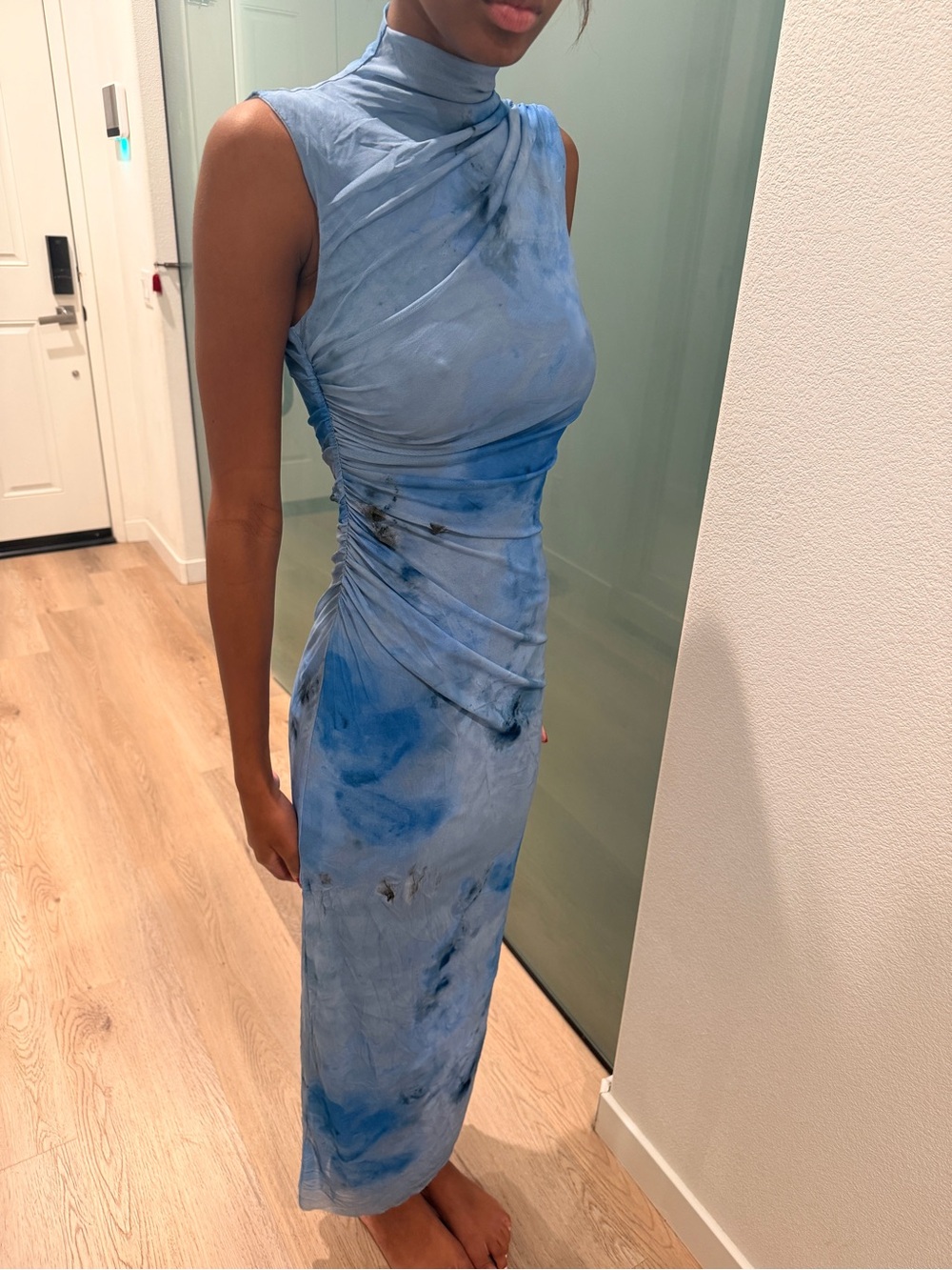 Zara Light Blue Tie-Dye Ruched Sleeveless Midi Dress